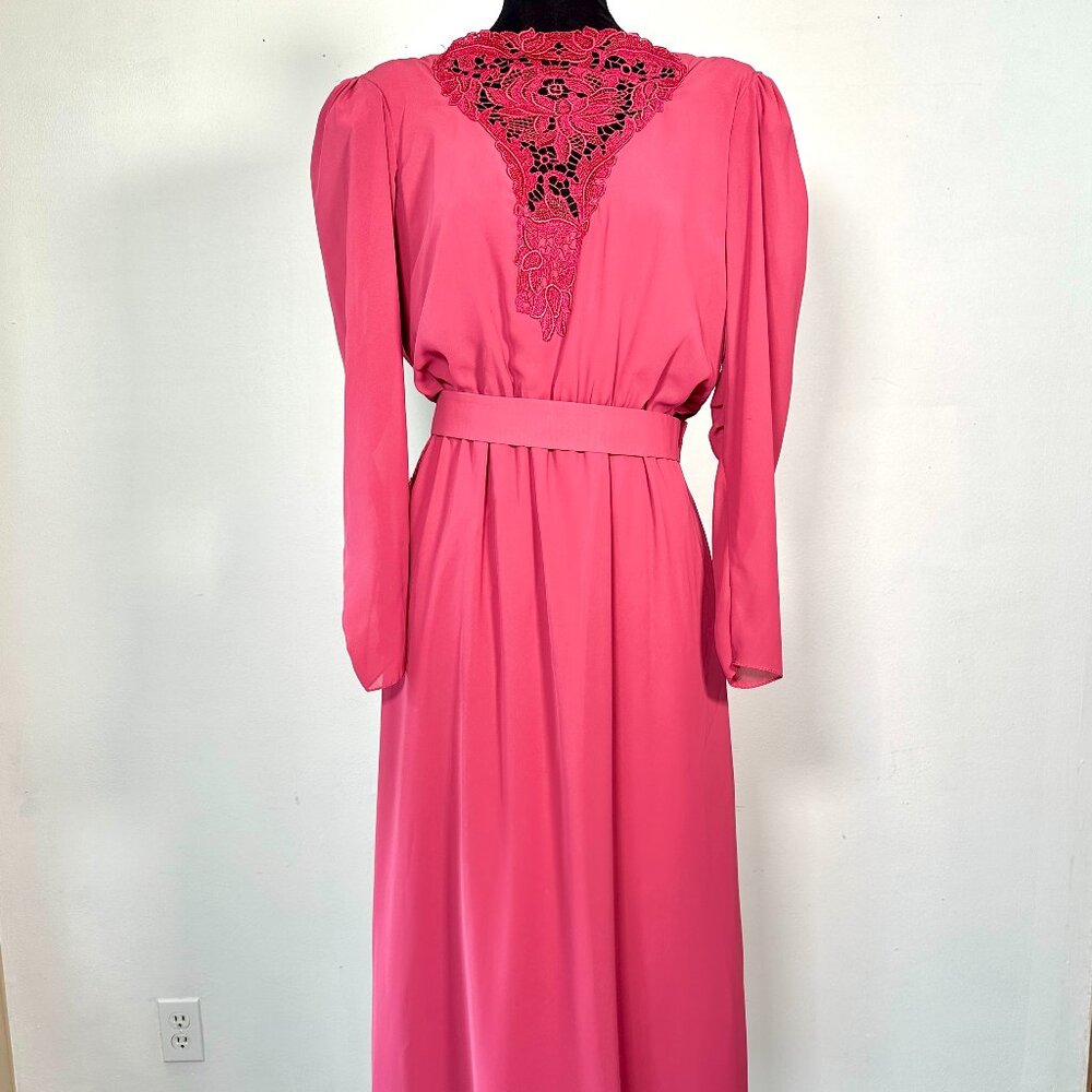 Vintage 70s Prom Dress Geek Berry Pink Chiffon Lace Party Puff Slv Belt Maxi M